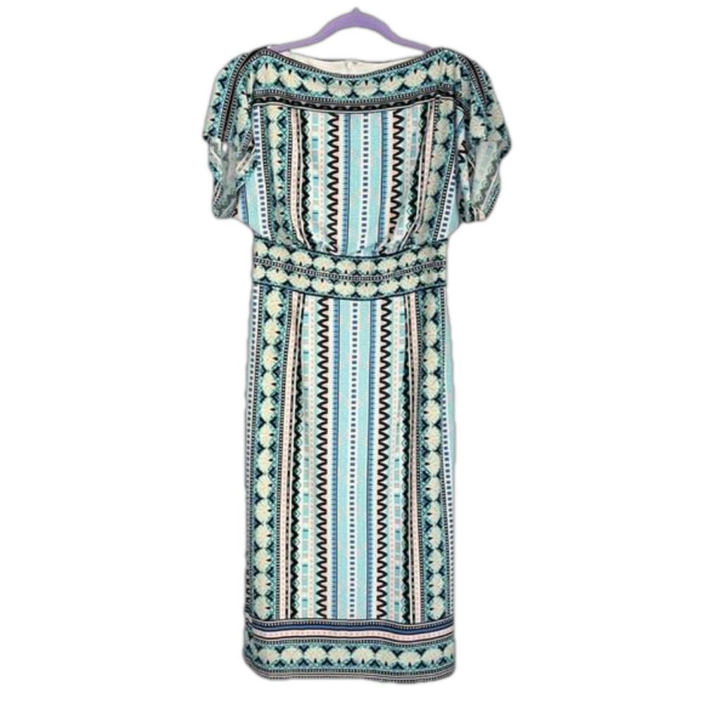 Maggie London Boat Neck Multicolored Midi   Lined 1/2 Zip Party Dress. Size 4.